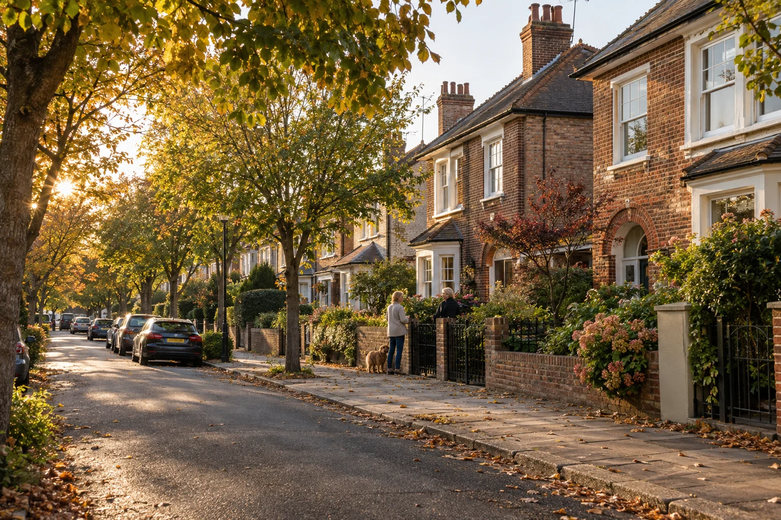 Illustrative leafy street with brick homes and neighbours at a garden gate, not the searched postcode