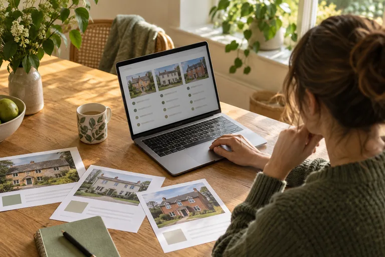 A laptop and property notes on a kitchen table