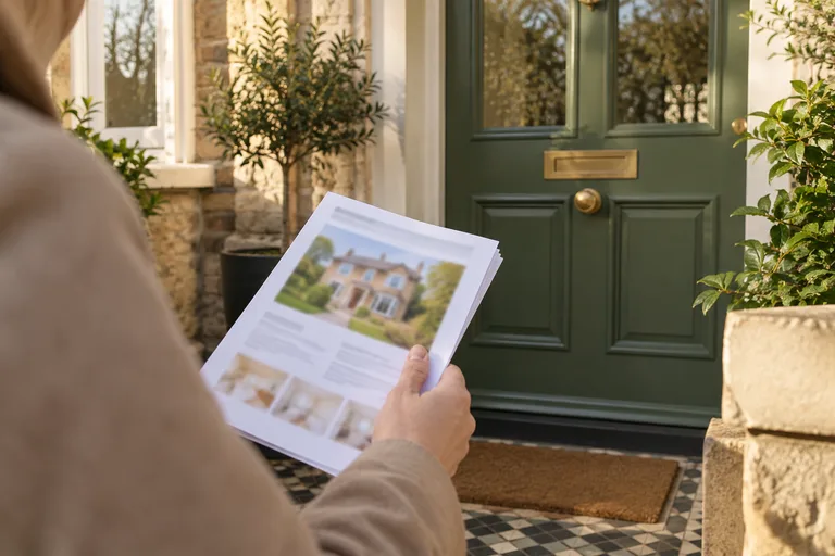 Viewing particulars beside a welcoming front door