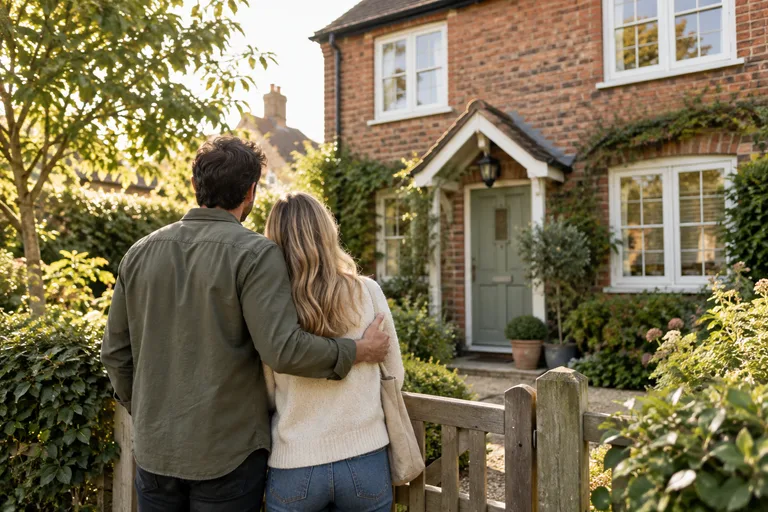 A couple looking towards a home from its garden gate